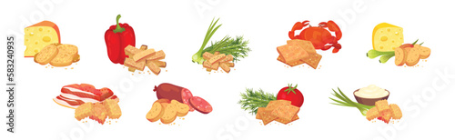 Flavored Crouton as Pieces of Seasoned Rebaked Bread Vector Set