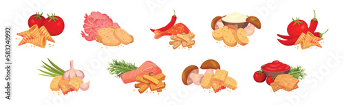 Flavored Crouton as Pieces of Seasoned Rebaked Bread Vector Set