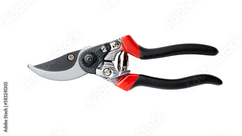 Secateurs. The hand tool is designed to remove shoots and small branches when forming the crown of small trees and shrubs. Isolated on transparent background. Closed state. Top view.