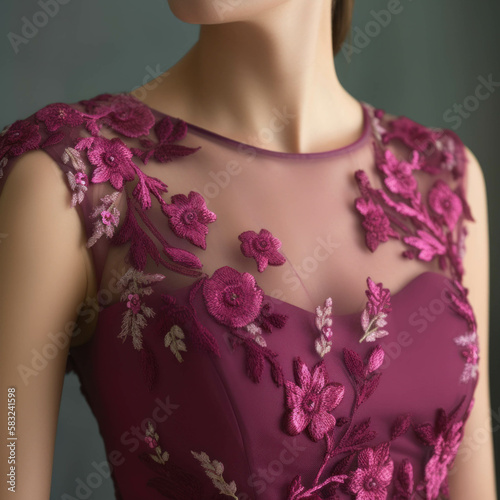 A closeup of a magenta dress with an overlay of floral appliques. Trendy color of 2023 Viva Magenta.. AI generation.