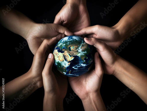 A group of hands connected around the Earth embracing the idea of global corporate responsibility.. AI generation. photo