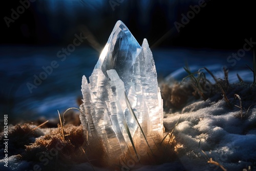 Un Iernunnos figé dans un bloc de glace avec des éclats de cristal.