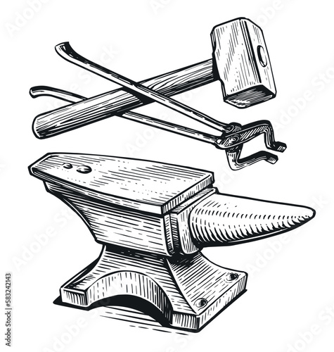 Foto Hand drawn hammer, tongs and anvil