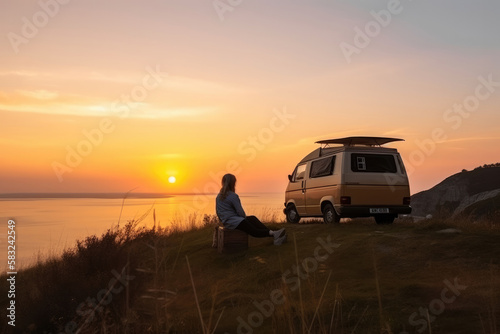 A young man sits on a hill above the sea next to his van and watches the sunset. Generative AI