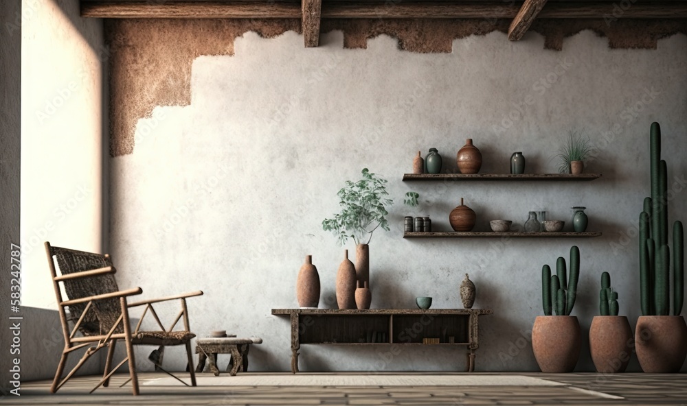 a room with a table, shelves, and a chair with a potted plant on it and a chair in front of the wall. generative ai a room with a table, shelves, and a chair with a potted plant on it and a chair in front of the wall. generative ai