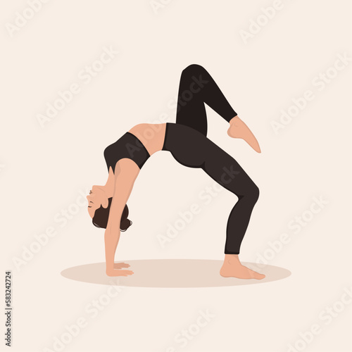 Picture of young woman performing physical exercises and demonstrating  yoga asana on light background. Colorful flat vector illustration.