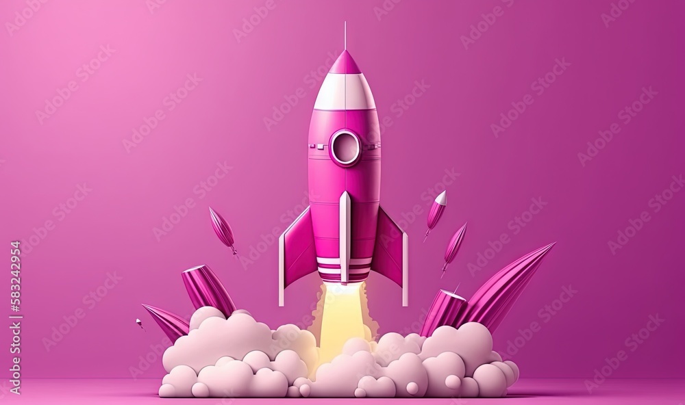 a pink rocket is flying through the air with clouds around it and the bottom of the rocket is flying up into the air, with a pink background. generative ai a pink rocket is flying through the air with clouds around it and the bottom of the rocket is flying up into the air, with a pink background. generative ai