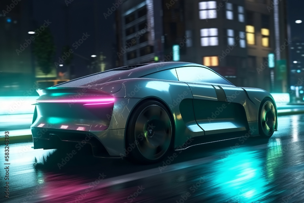 a chic sports car rushes through the night city. Generative AI.
