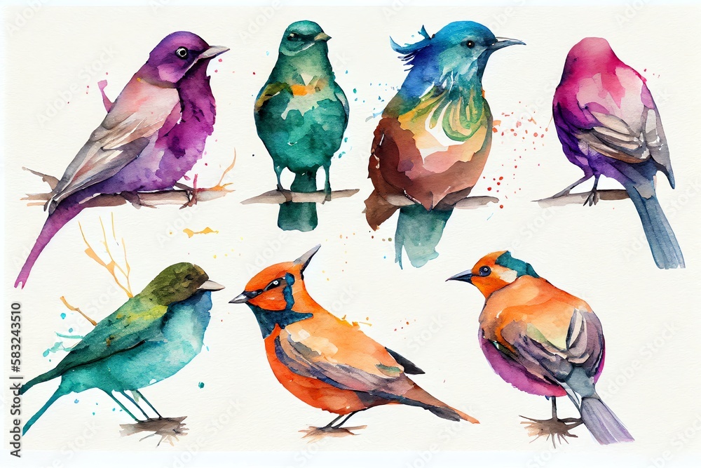 Fototapeta premium Watercolor Illustration of a Colorful Birds On A White Background. Generative AI