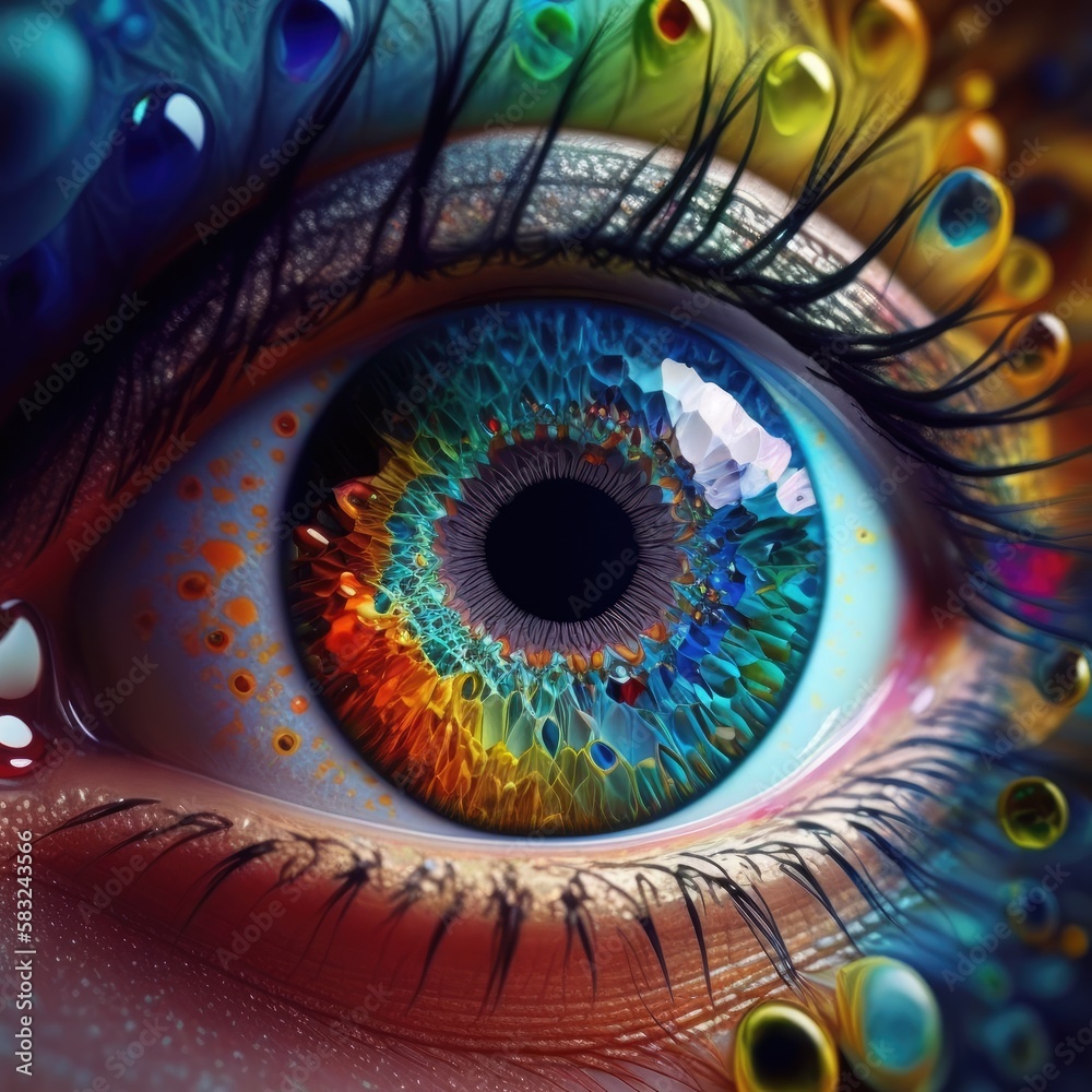 open eye of the person with colorful iris blend, generative ai