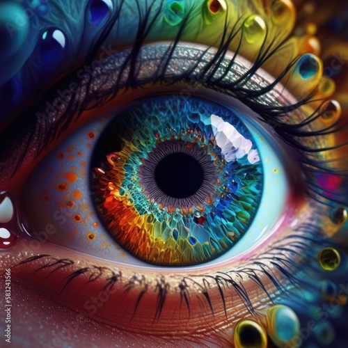 open eye of the person with colorful iris blend, generative ai
