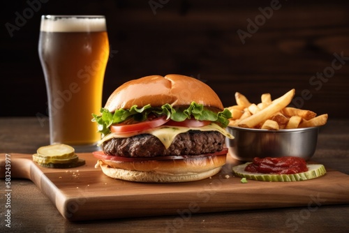 Cheeseburger mit Pommes Frites Ketchup und Bier