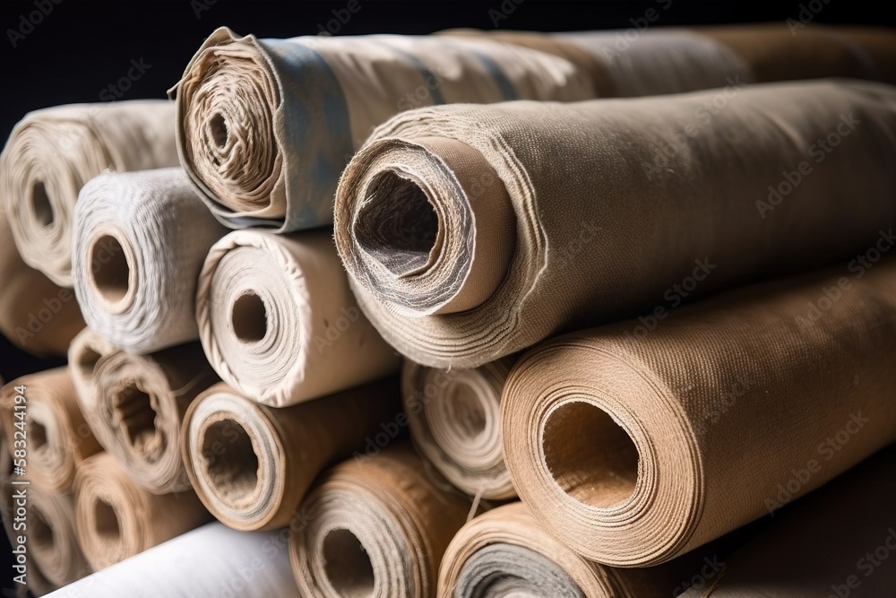 a stack of rolled up brown and white paper towels and rolls of brown