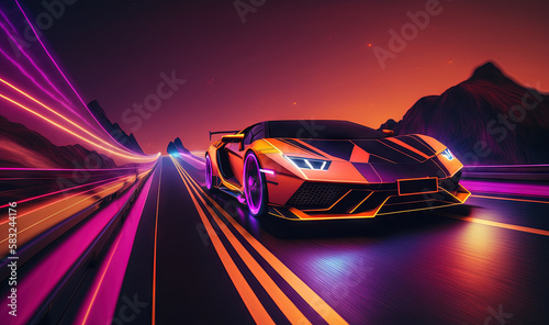  a sports car driving down a road with neon lights on it's sides and a mountain in the distance in the distance is a blurry image. generative ai