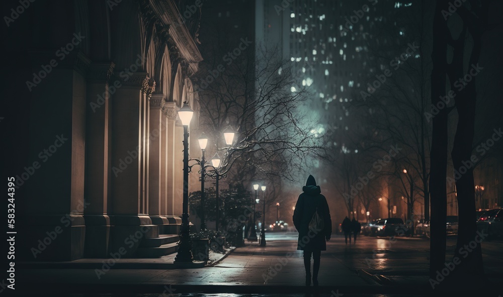  a person walking down a street at night in a city with tall buildings and street lamps on either side of the street and a person walking down the street at night.  generative ai