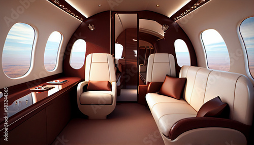 Luxury interior in bright colors in the private business jet