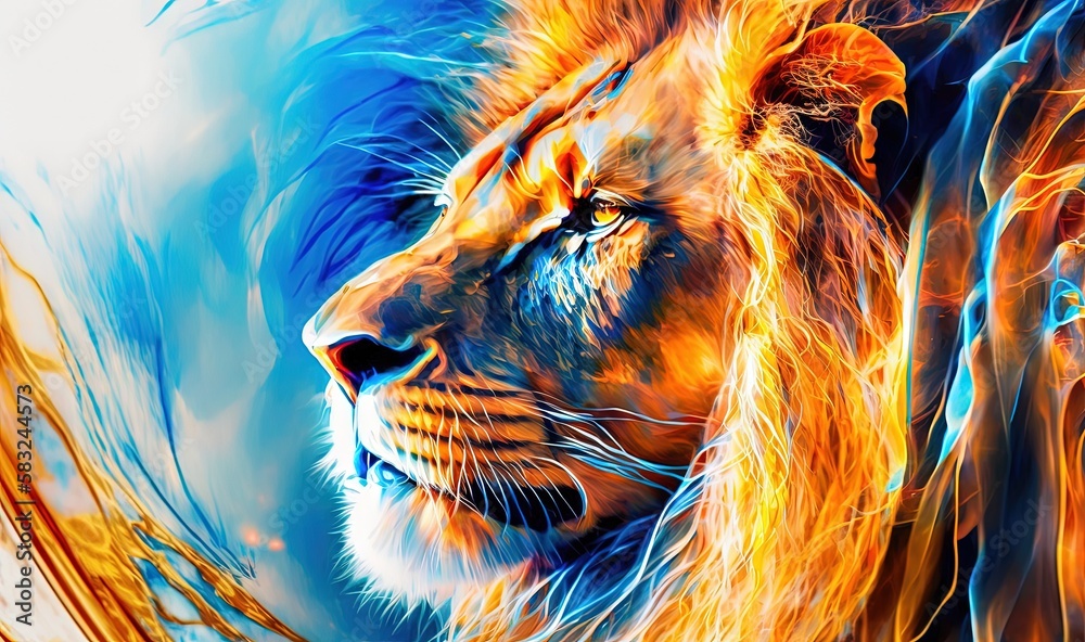  a painting of a lion's face with blue and yellow streaks on it's fur and a white background with a blue sky.  generative ai