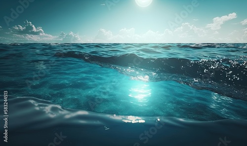  a large body of water with a bright sun in the sky above it and some clouds in the sky over the water and below it.  generative ai
