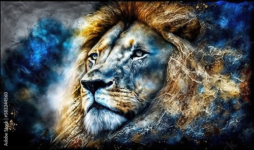  a painting of a lion with blue and yellow colors on it's face, with a black background and a blue sky in the background.  generative ai