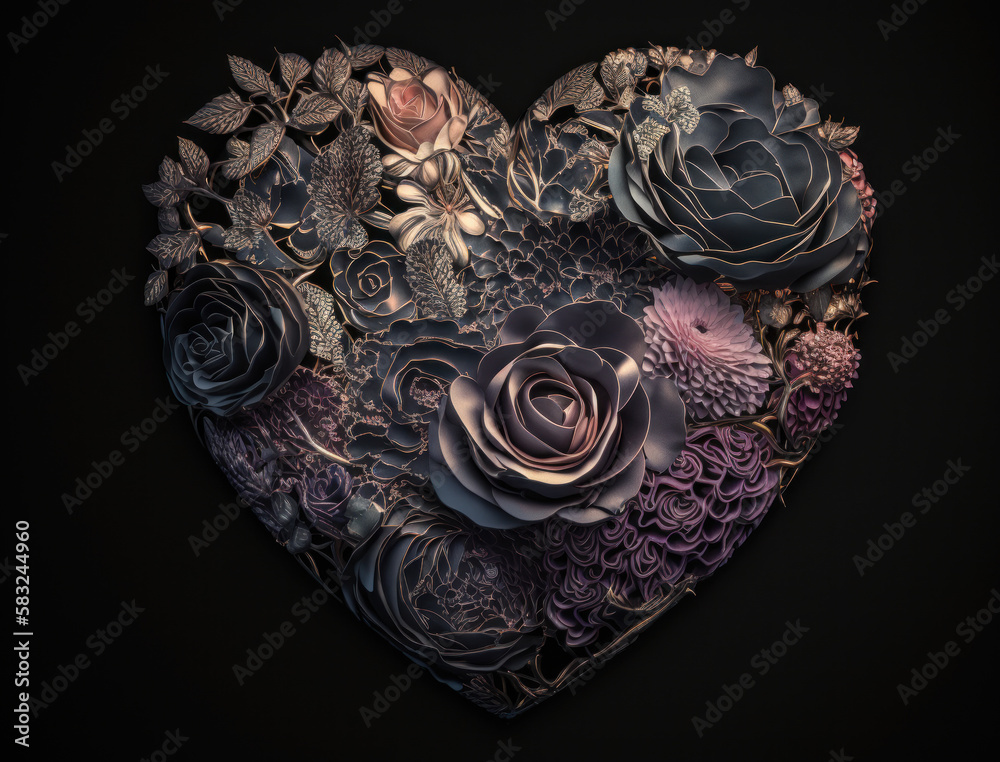 Heart of roses on a dark background created with Generative AI technology Heart of roses on a dark background created with Generative AI technology