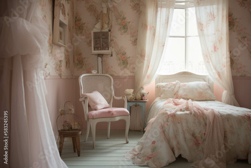 A wooden chair with a softlycolored cushion is the centerpiece of a shabby chic bedroom the walls filled with romantic art and airy. AI generation.