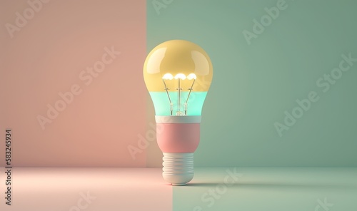  a yellow light bulb sitting on top of a table next to a green and pink wall and a pink and green wall behind it and a light green wall. generative ai