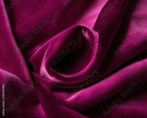 A close up of a bright magenta velvet showing its smooth texture. Trendy color of 2023 Viva Magenta.. AI generation.