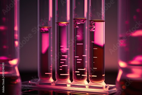 Glass test tubes with pink liquid and pink background. Scientific theme  chemical products testing. Generative AI