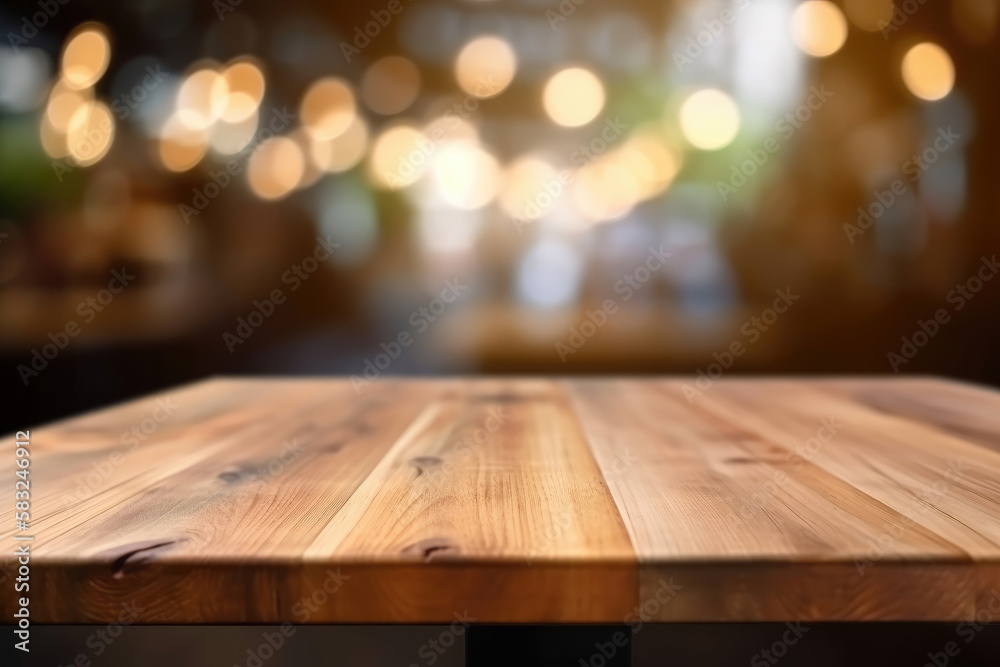Empty wooden table with blurred background. Generative AI
