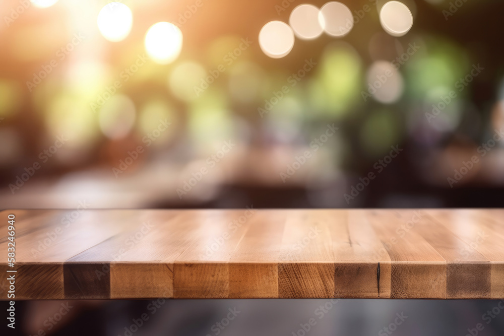 Empty wooden table with blurred background. Generative AI Empty wooden table with blurred background. Generative AI