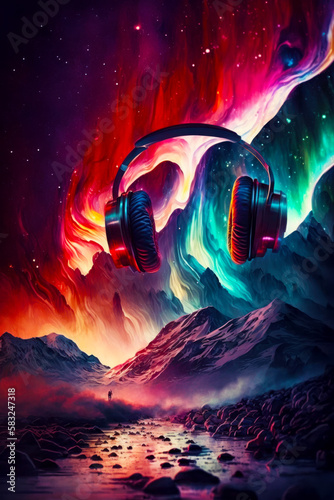 Pair of headphones floating in the air over colorful mountain landscape. Generative AI.