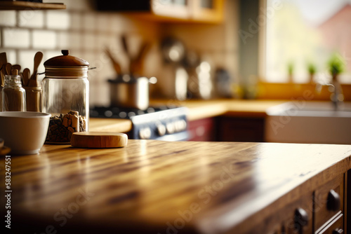 Kitchen with wooden counter top and glass jar on the counter. Generative AI.