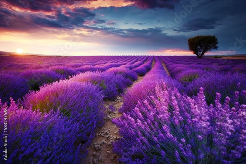 Field of lavender flowers with lone tree in the middle of it. Generative AI.