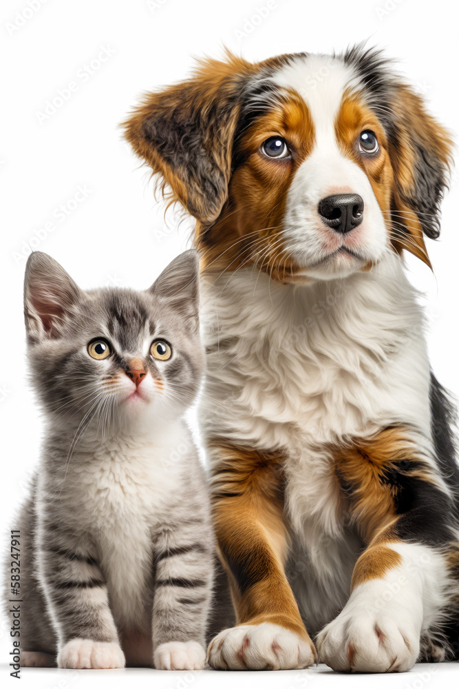 Dog and cat sitting next to each other in front of white background. Generative AI.