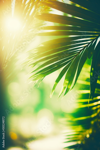 Close up of palm leaf with the sun shining in the background. Generative AI. © valentyn640