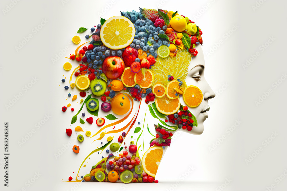 Woman's head made up of fruits and vegetables, with the image of woman's head made up of fruits and vegetables. Generative AI.