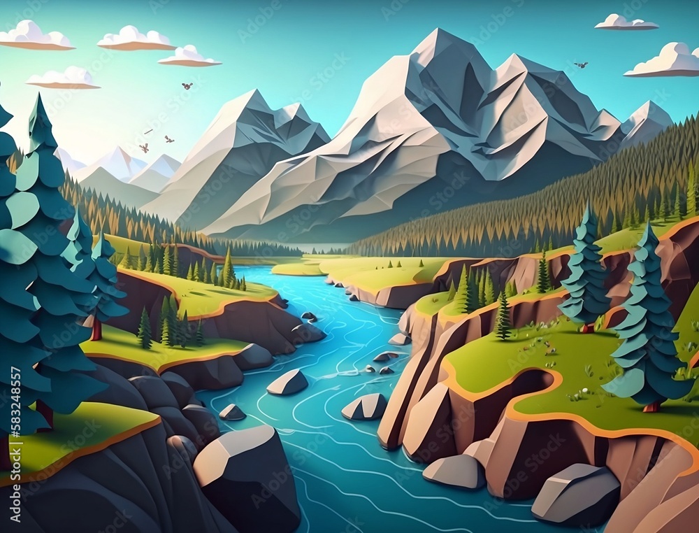 A river runs through a valley with mountains and trees, generative ai