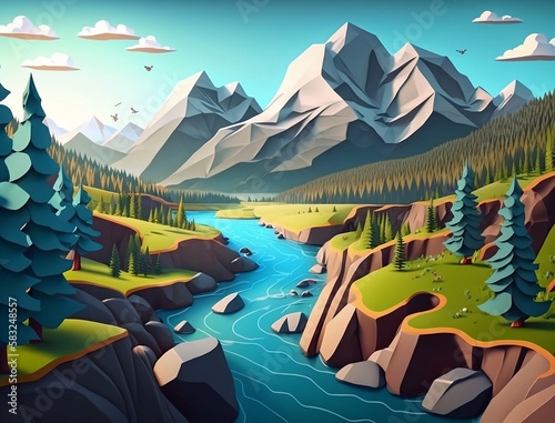 A river runs through a valley with mountains and trees  generative ai