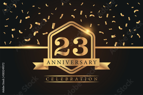 23rd years anniversary celebration luxury golden logo design with gold color numbers font in shinny frame with gold abstract design on black background 