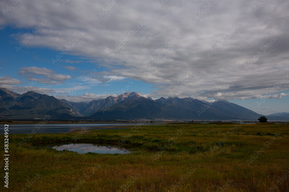 View of beautiful Mission Mountains and Ninepipe Refuge in Montana, United States, View of beautiful Mission Mountains and Ninepipe Refuge in Montana, United States,