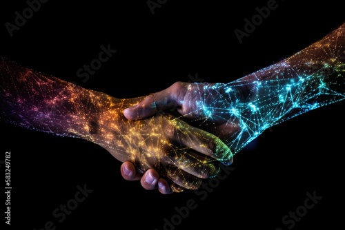 handshake between two people with virtual network connecting both - business handshake representing networking with yellow and blue glowing network - generative ai