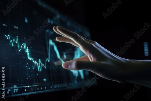 Data Visualization - Hand reaching out for blue virtual graph hologram - Data security and value of data - generative ai