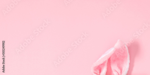 Easter celebration concept, banner. Top view of fluffy easter bunny ears on isolated on pastel pink background. Flat lay, top view, copy space