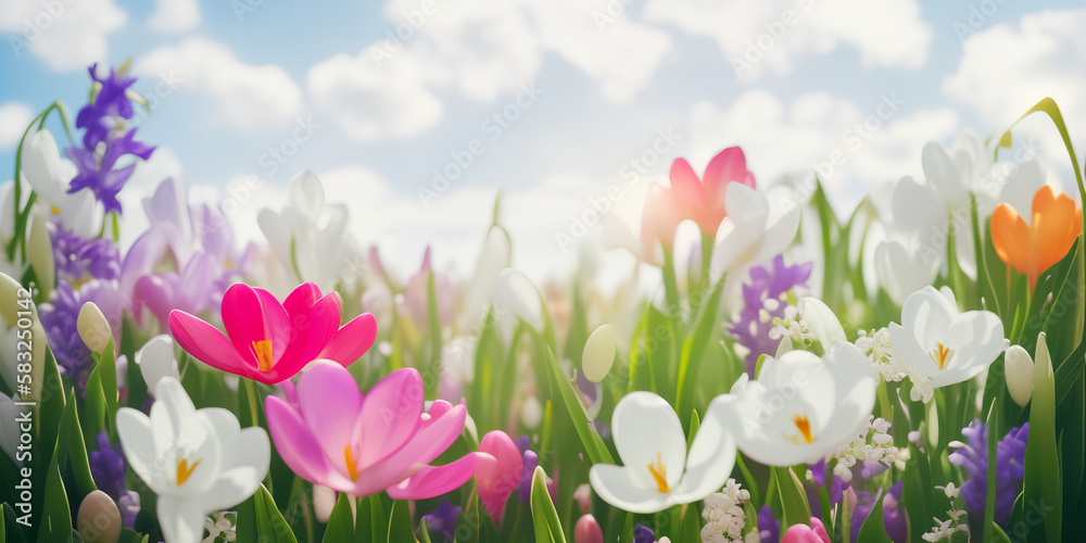 Spring flowers on blue sky banner, website header with copyspace. Colorful tulips for Mother's day, Women's Day, Birthday card, Easter, top down, flat lay. Generative AI.