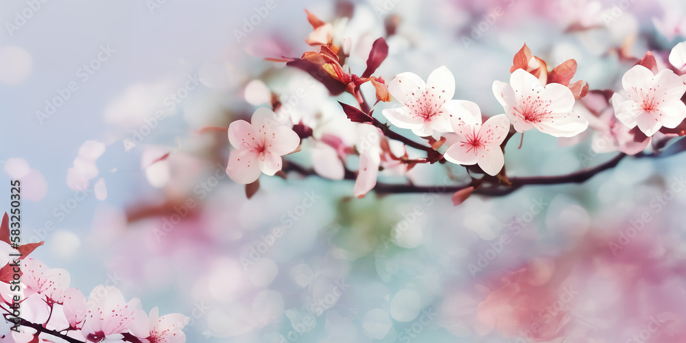 Spring pink cherry blossom flowers background, website banner or header. Sakura flowers poster, card for Mother's day, Women's Day, Birthday card, Easter. Generative AI.
