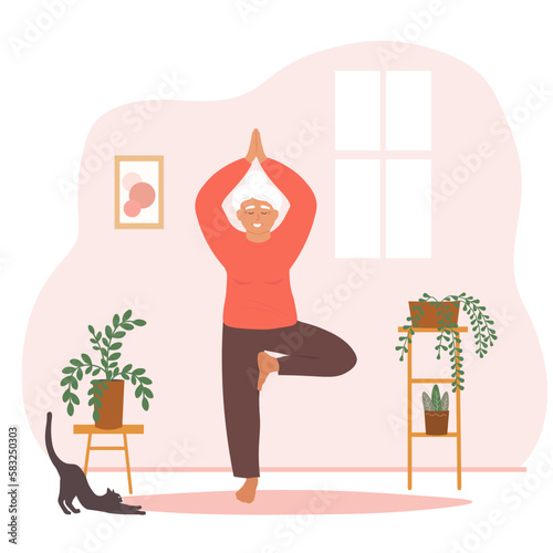 An elderly woman does yoga, goes in for sports, monitors her health in a room with plants. Active old lady on the move. Vector graphics.
