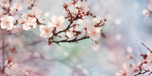 Spring pink cherry blossom flowers background, website banner or header. Sakura flowers poster, card for Mother's day, Women's Day, Birthday card, Easter. Generative AI.