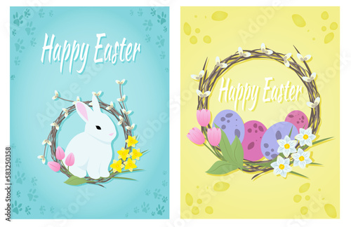 Easter greeting cards with willow wreath, eggs, bunny, cake and flowers. Easter poster set. Easter animals characters banner