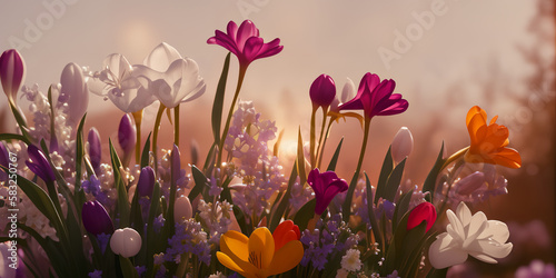 Spring flowers background banner, website header with copyspace. Colorful flowers for Mother's day, Women's Day, Birthday card, Easter. Generative AI. photo