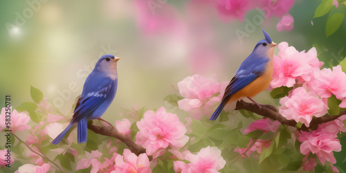 Spring background banner, website header with copyspace. Colorful birds on a cherry tree for Mother's day, Women's Day, Birthday card, Easter. Generative AI.
